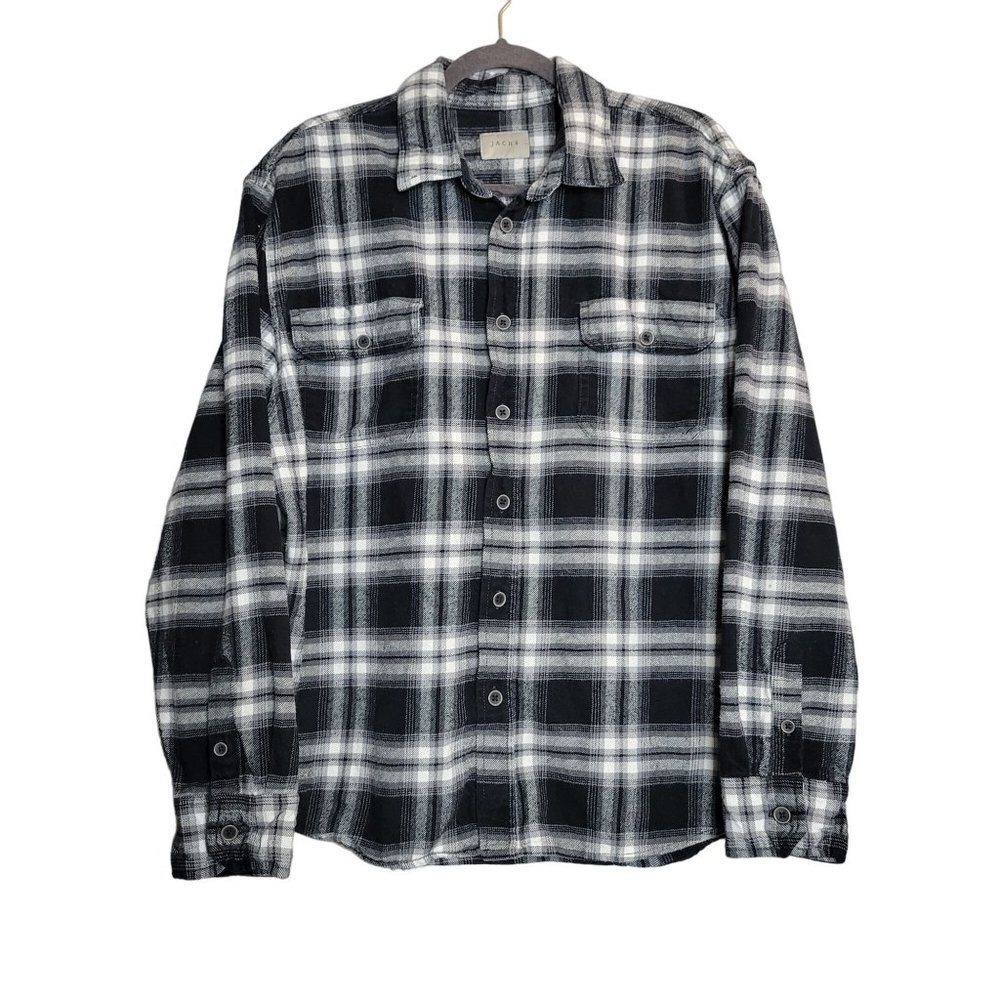 Jachs Men's XL Plaid Flannel Thick‎ Button Front Shirt Black White